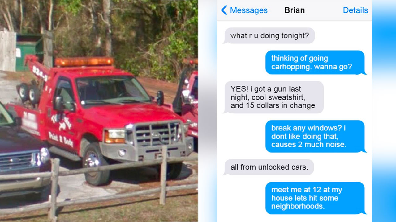 Tow truck stolen and text messages planning car burglaries